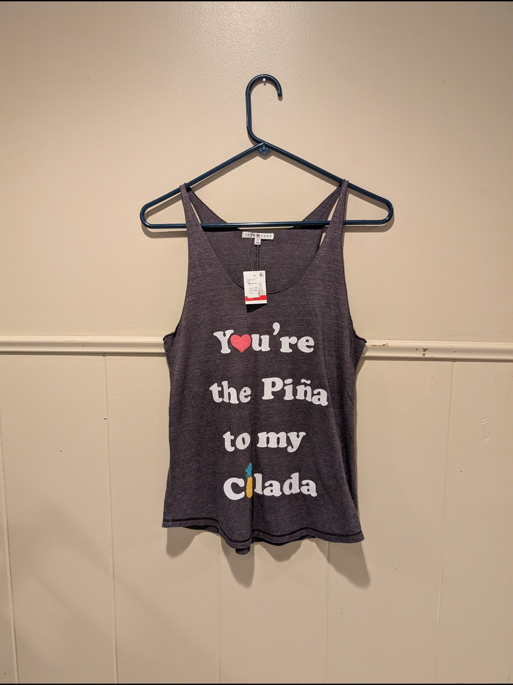 Junk Food Clothing Gray Graphic Tank Top with Small Multicolor Print